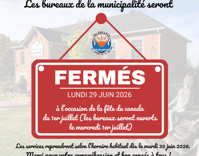Fermeture des bureaux de la Municipalité le 29 juin