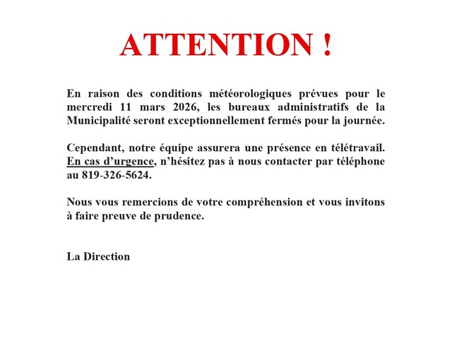 11 mars - Fermeture des bureaux de la Municipalité