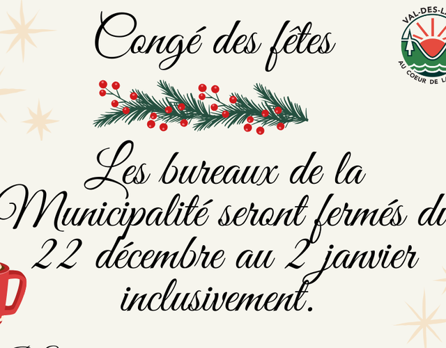 Fermeture des bureaux de la Municipalité pour le temps des fêtes